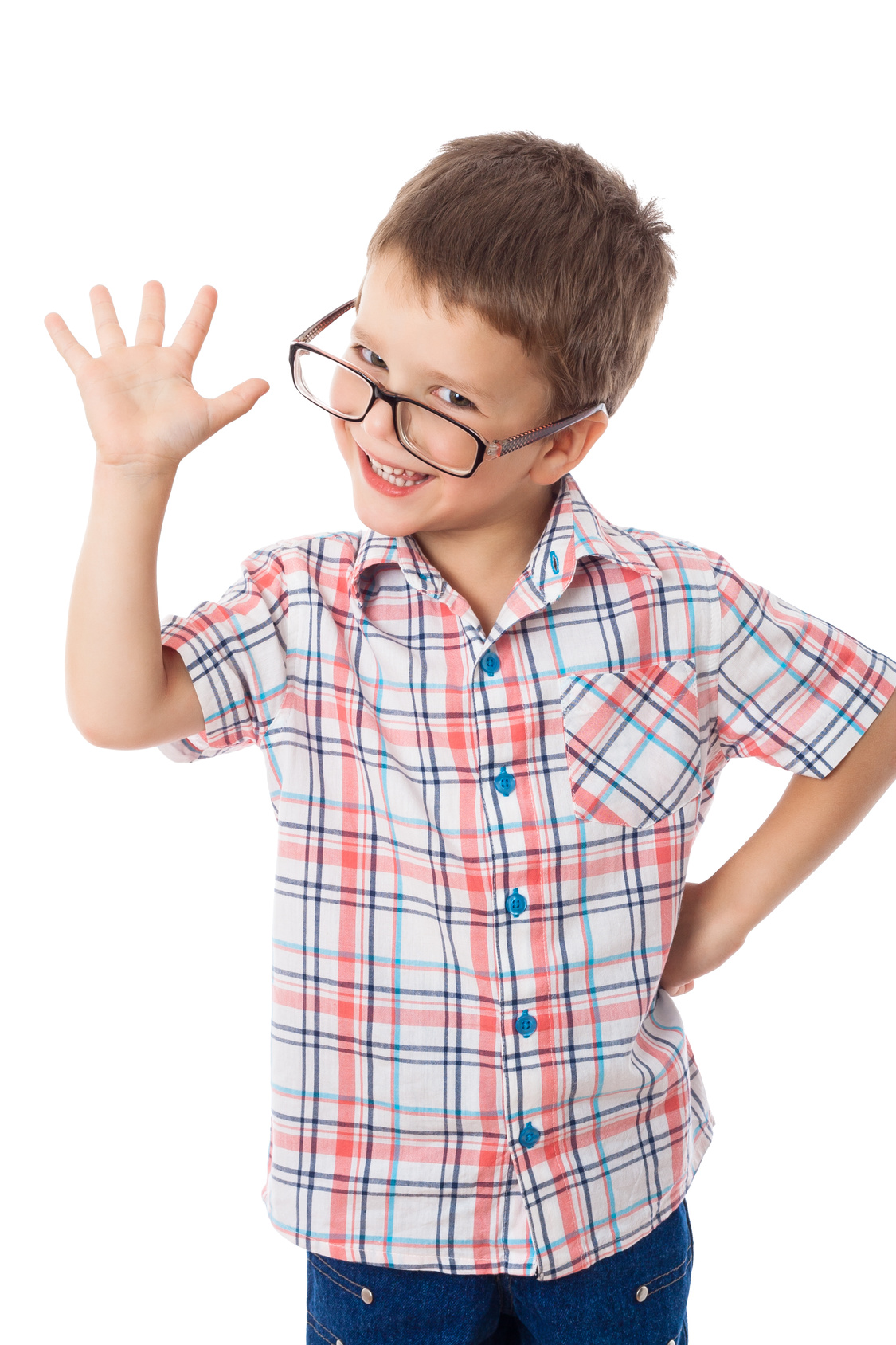 Happy little boy in glasses with greeting sign, isolated on white